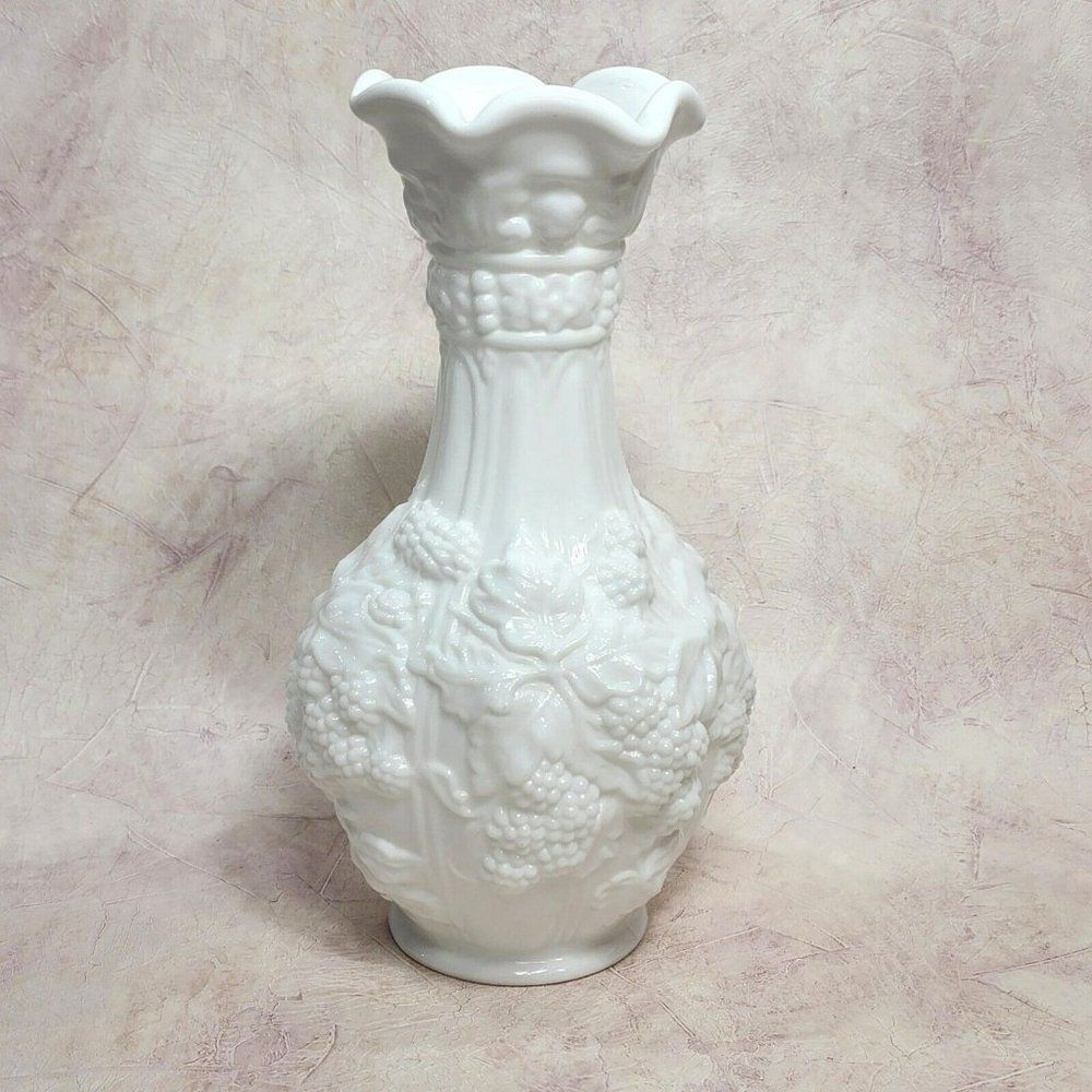 Vtg Imperial 10" White Milk Glass Loganberry Paneled Grape Vase Fenton Glass MCM